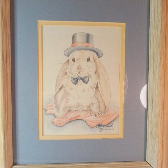 COPY - Vintage Signed 80s Wood Framed Bunny Rabbit Art - Picture 7 of 7